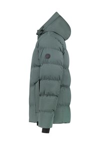 Pufferjack in gedempt groen, met een capuchon, gequiltde textuur, geribbelde mouwen en een logopatch op de mouw.