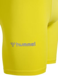 Geel sportieve shorts gemaakt van rekbaar materiaal, met een gladde textuur en een logo in zilver gedrukt aan de onderlinkerzijde.