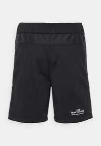 Short de sport noir longueur genou avec taille élastique et logo « The North Face Never Stop Exploring » sur la partie inférieure gauche de la jambe.