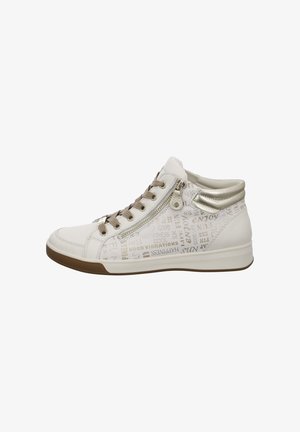 Baskets montantes en cuir blanc avec des accents métalliques. Présentent des motifs de texte décoratifs, une semelle brune, un laçage à l'avant et une fermeture éclair sur le côté.