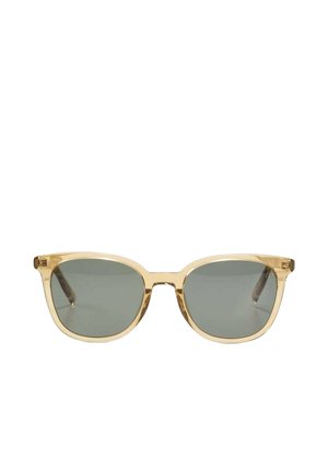 Lunettes de soleil avec montures rectangulaires beiges translucides et verres teintés foncés, vues de face sur un fond blanc.