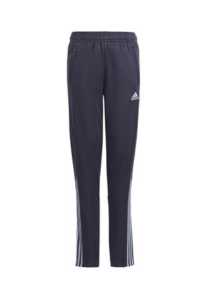 Marineblaue Adidas-Trainingshose mit elastischem Bund, Seitentaschen, weißen drei Streifen entlang der Beine und Adidas-Logo am rechten Oberschenkel.