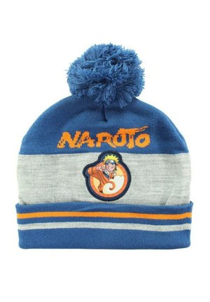 Gorro de punto azul y gris con pompón, con texto naranja "Naruto" y un parche circular con un personaje de Naruto con traje naranja.