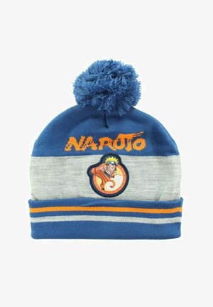 Gorro de punto azul y gris con pompón, con texto naranja "Naruto" y un parche circular con un personaje de Naruto con traje naranja.