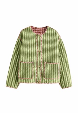 Zöld és rózsaszín kockás steppelt dzseki hosszú ujjakkal, kerek nyakkivágással, elöl gombos, két elülső foltzsebbel.