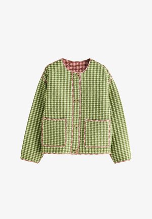 Zielona i różowa pikowana kurtka w kratę z długimi rękawami, okrągłym dekoltem, guzikami z przodu oraz dwoma naszywanymi kieszeniami z przodu.