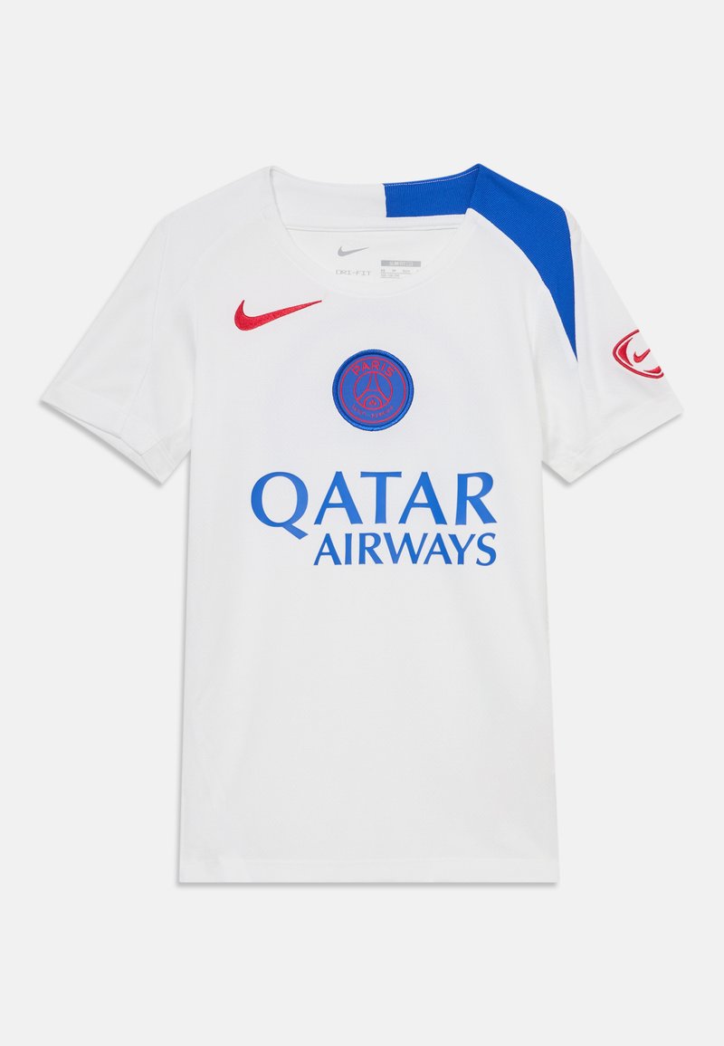 Camiseta atlética blanca con acentos en azul y rojo. Presenta un cuello redondo, mangas cortas, un logo circular y "QATAR AIRWAYS" en texto azul.