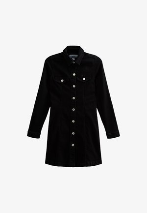 Zwarte denim jurk met een kraag, lange mouwen, sluiting met knopen aan de voorkant en borstzakken. Heeft zilveren knopen en een gestructureerde pasvorm.