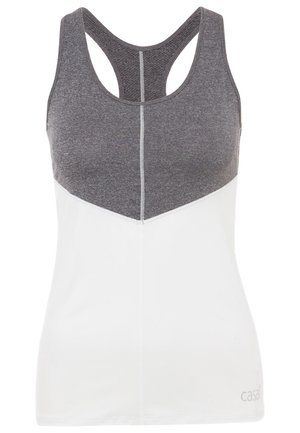 Ärmelloses Racerback-Athletik-Top mit dunkelgrauem Oberteil und weißem Unterteil, mit mittiger Naht und kleinem Logo nahe dem Saum.