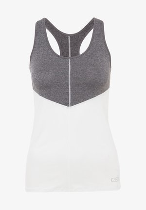 Camiseta deportiva sin mangas con espalda racer, sección superior gris oscuro y sección inferior blanca, con costura central y pequeño logo cerca del dobladillo.