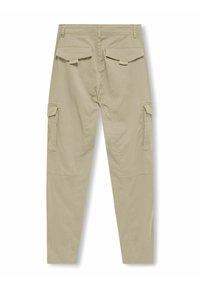 Beige cargo pants with a straight-leg design, featuring two side pockets and two back flap pockets, made from cotton material.
