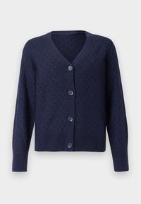 Cardigã malhado azul-marinho com um padrão de diamante, decote em V, e cinco botões escuros na frente. Punhos e barra canelados.