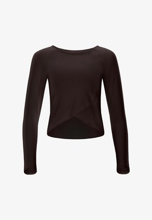 Czarny krótki top z długim rękawem, okrągłym dekoltem i asymetrycznym dołem. Wykonany z gładkiego, elastycznego materiału z minimalnymi szwami.