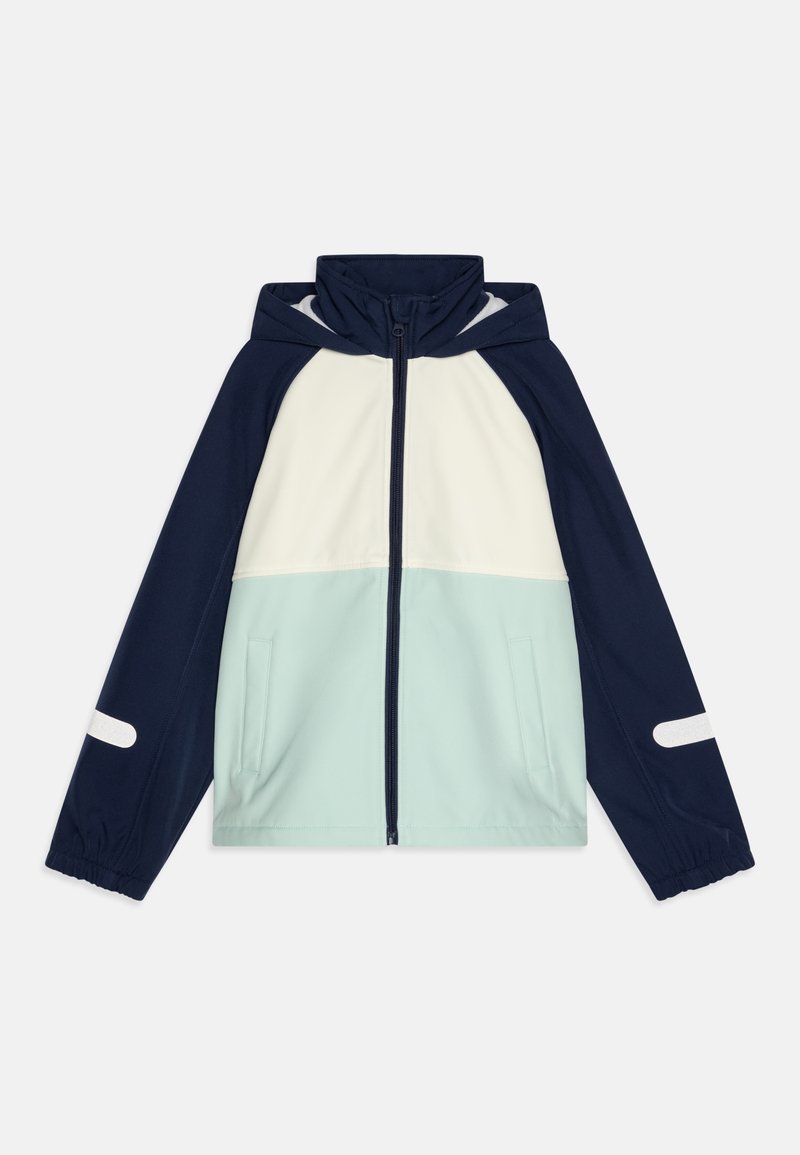 Veste à capuche zippée avec manches bleu marine, haut du corps blanc, bas du corps bleu clair, poches latérales et détails réfléchissants sur les manches.