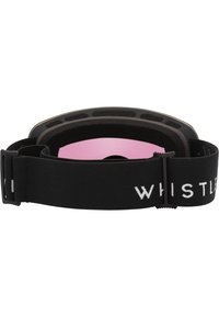 Suksiprinssit, joissa on kaareva vaaleanpunainen linssi, musta vaahtomuovipehmuste ja säädettävä musta hihna, jossa on valkoista "WHISTLER"-tekstiä.