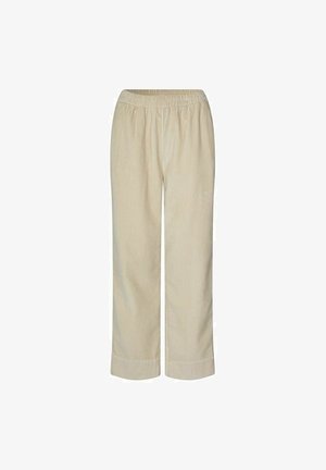 Beige Cordhosen mit elastischem Bund, gerader Beinform und weicher Textur. Mit dezenten vertikalen Linien durchzogen.