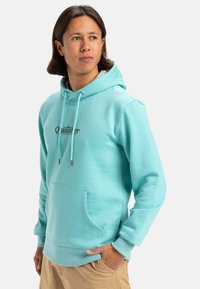 Sudadera con capucha color azul claro, hecha de tela suave, con un bolsillo tipo canguro y cordones. Logo impreso en la parte frontal en gris oscuro.
