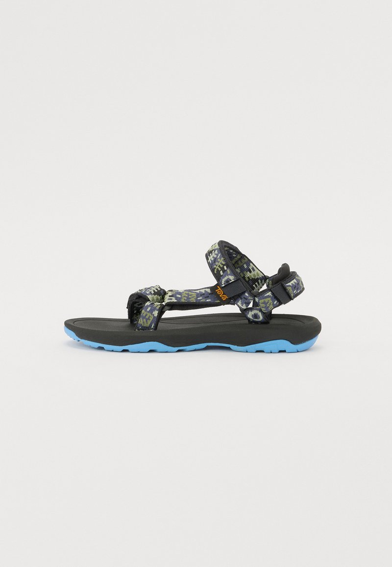 Black and blue outdoor sandals with patterned nylon straps, adjustable closures, and textured rubber soles for grip and stability.