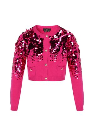 Roze cropped cardigan met lange mouwen, knopen aan de voorkant, twee zakken en donkerroze pailletten die de schouders en de bovenkant van de borst bedekken.