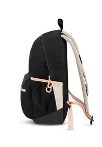 Čierny batoh s svetloružovými akcentmi, štruktúrovaným bočným panelom, zipsovým vreckom a polstrovanými sieťovými popruhmi. Elegantný, ergonomický dizajn.