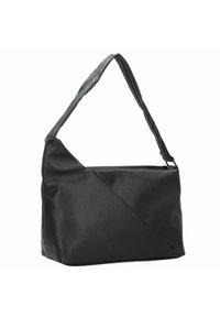 Schwarze Leder-Schultertasche mit strukturiertem Finish, diagonaler Gestaltung und einem einzigen Tragegurt. Kompakte und rechteckige Form.