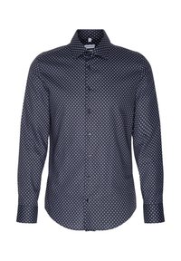 Camicia a maniche lunghe blu scuro con motivo a diamante blu chiaro, colletto classico e chiusura con bottoni, realizzata in tessuto morbido.