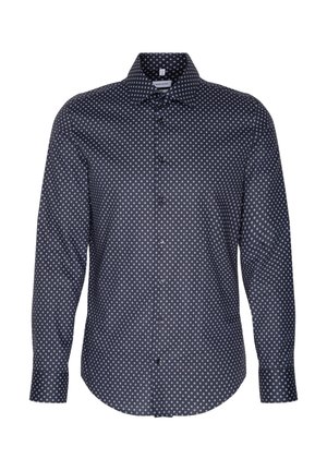 Dunkelblaue Langarm-Hemd mit Knopfleiste und einem hellblauen Rautenmuster, klassischem Kragen und Knopfverschluss, aus glattem Stoff gefertigt.