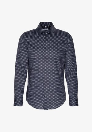 Dunkelblaue Langarm-Hemd mit Knopfleiste und einem hellblauen Rautenmuster, klassischem Kragen und Knopfverschluss, aus glattem Stoff gefertigt.