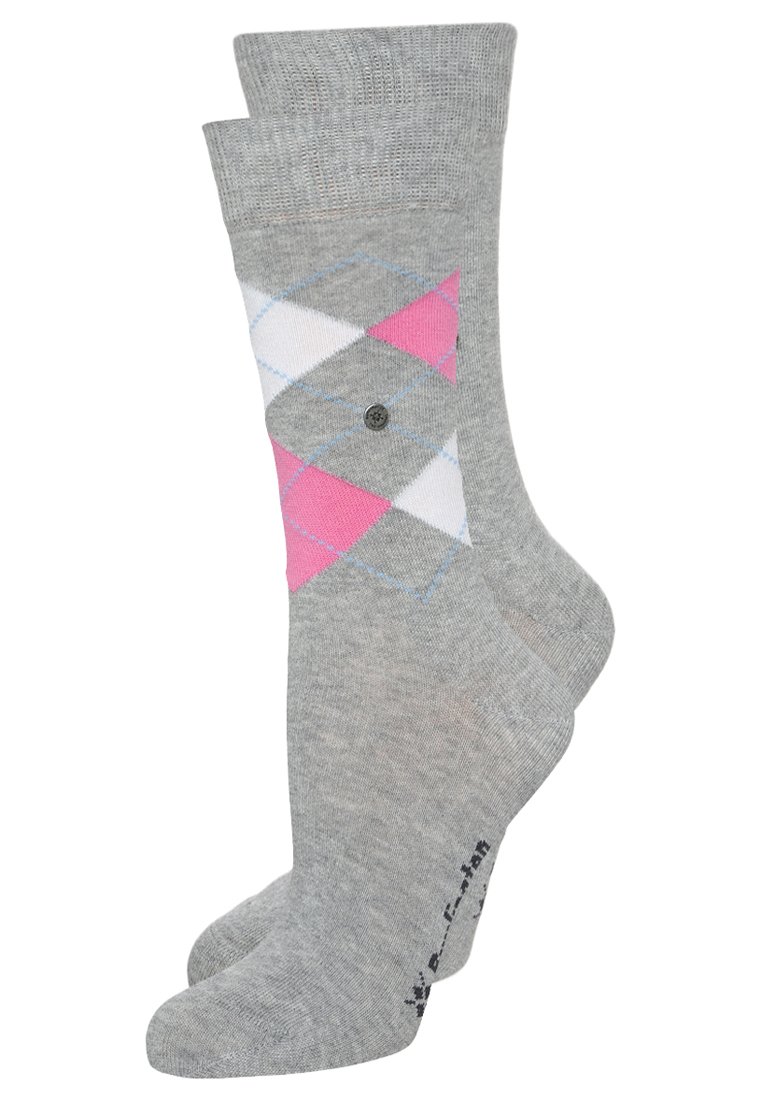 Calzini grigi con un motivo argyle che presenta diamanti rosa e blu. Il materiale è morbido, con una finitura texture e una punta rinforzata.