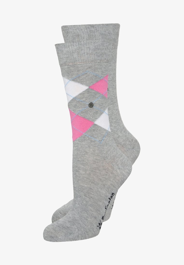 Calzini grigi con un motivo argyle che presenta diamanti rosa e blu. Il materiale è morbido, con una finitura texture e una punta rinforzata.