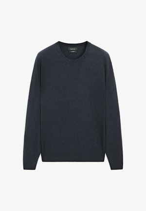 Dunkelgrauer Rundhalsausschnittpullover aus weichem Material, mit langen Ärmeln, gerippten Bündchen und einem schlichten, klassischen Design ohne Muster.