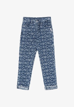 Jeans in denim blu con motivo a testo bianco ripetuto "RICHMOND" su tutta la superficie, chiusi con bottone e cerniera.