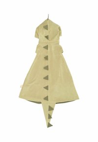 Albornoz temático de dinosaurio en verde claro, de material suave, con capucha y picos triangulares a lo largo de la espalda y la cola.