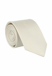 Texturierte cremefarbene Krawatte, aufgerollt mit einem schmalen Ende, das zu einer breiteren Klinge verjüngt wird, mit einem subtilen Karomuster. Aus gewebtem Stoff gefertigt.