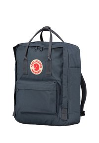 Navy blue backpack made of durable fabric with a rectangular shape, top handles, adjustable shoulder straps, and a front pocket featuring a logo.