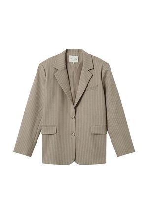 Blazer beige à rayures avec un devant à un bouton, revers crantés et deux poches avant. Texture douce, coupe ajustée, design polyvalent.