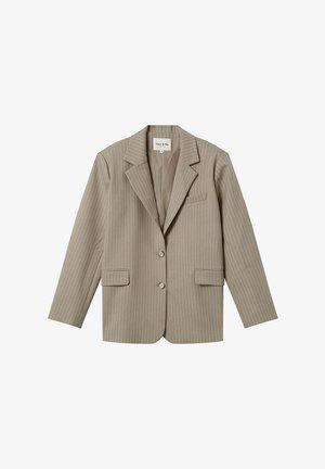 Blazer beige à rayures avec un devant à un bouton, revers crantés et deux poches avant. Texture douce, coupe ajustée, design polyvalent.