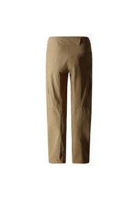 Pantalones exteriores color marrón claro, con un diseño de pierna recta, cintura elástica y bolsillos laterales; confeccionados en una tela duradera y ligera.