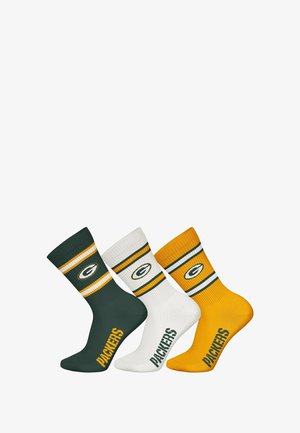 Three pairs of crew socks: green with white and gold stripes, white with green stripes, and gold with green stripes. Each features "PACKERS" text.