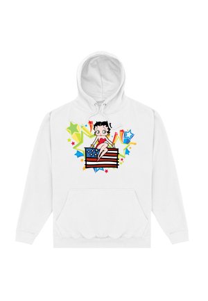 Biała bluza z kapturem z grafiką przedstawiającą postać kreskówkową siedzącą na amerykańskiej fladze, otoczoną kolorowymi gwiazdkami i kształtami.