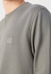 Person som bär en grå sweatshirt med rund hals och "BOSS" logopatch på bröstet, synliga sömdetaljer på axel och halsringning.