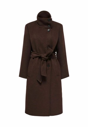 Manteau long en laine marron foncé avec col haut, cinq boutons visibles, ceinture nouée à la taille et poches latérales, présenté sur fond blanc.