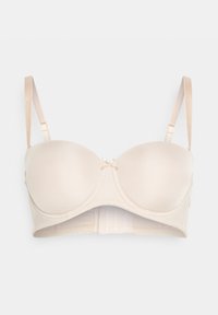 Beige polstret bh med justerbare stropper, glatt tekstur, støtte med bøyle og en sentral sløyfe detalj. Hook-and-eye lukking bak.
