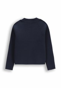 Granatowy sweter z prążkowanej dzianiny z długimi rękawami i okrągłym dekoltem. Posiada widoczne szwy oraz boczne rozcięcia u dołu.