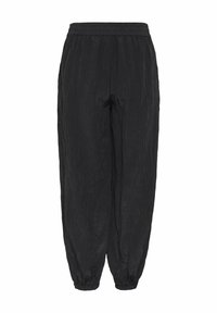Pantalon noir à coupe ample avec taille élastique et poignets élastiques froncés aux chevilles, fabriqué en tissu léger texturé.