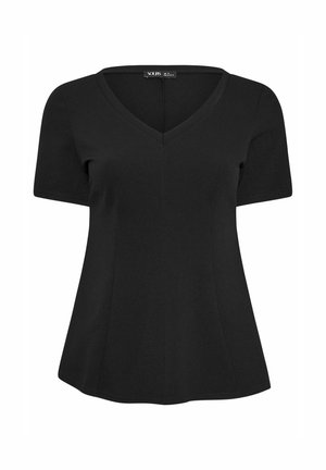 Schwarzes Damenoberteil mit kurzen Ärmeln und V-Ausschnitt, leicht ausgestelltem Saum und strukturierter Stoff, auf weißem Hintergrund präsentiert.