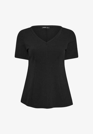 Schwarzes Damenoberteil mit kurzen Ärmeln und V-Ausschnitt, leicht ausgestelltem Saum und strukturierter Stoff, auf weißem Hintergrund präsentiert.