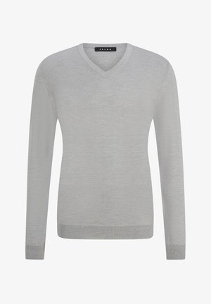 Grå v-hals sweater med lange ærmer. Lavet af et blødt, tekstureret stof. Har ribbekanter ved kant og ærmer, minimalistisk design, ingen mønstre.