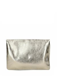 Metalen zilveren clutch tas met een zachte, gestructureerde oppervlakte. Rechthoekige vorm met een omgevouwen ontwerp en geen zichtbare hardwareaccenten.