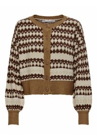 Gilet tricoté marron et crème avec des motifs géométriques, encolure ronde et fermeture à boutons. Texture douce, design court et ourlet côtelé.